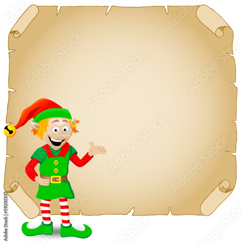 Weihnachtself mit Pergament im Hintergrund