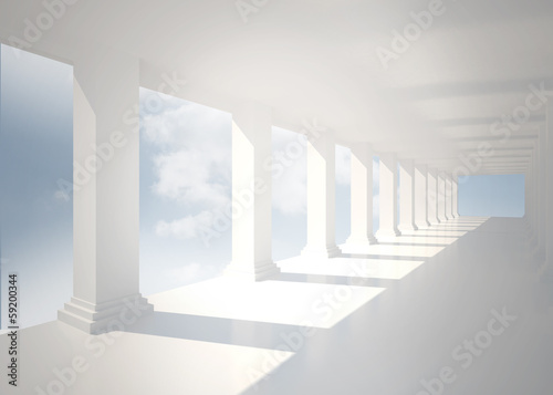 Bright white hall with columns