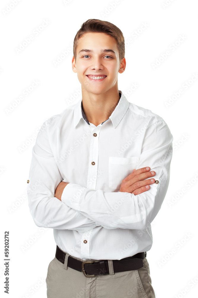 Portrait of happy smiling young man wearing a white shirt standi Portrait of happy smiling young man wearing a white shirt standi