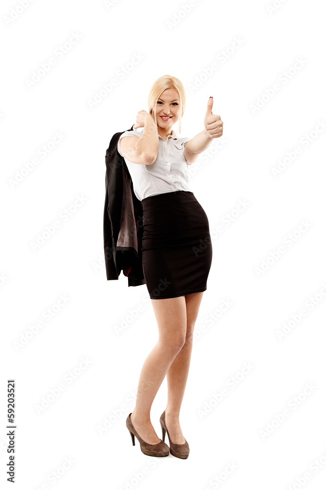 Cheerful businesswoman making the finger up sign Cheerful businesswoman making the finger up sign