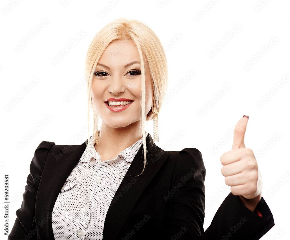 Cheerful businesswoman making the finger up sign Cheerful businesswoman making the finger up sign