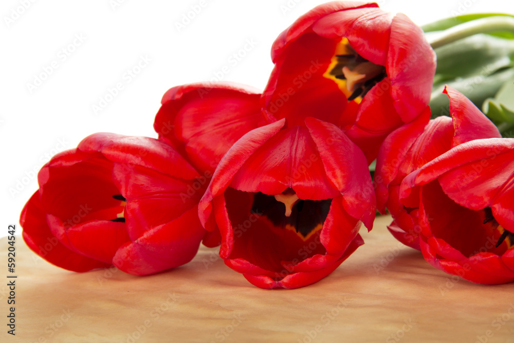 Bright bouquet of red tulips on the paper Bright bouquet of red tulips on the paper