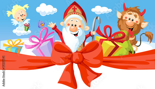 Saint Nicholas, devil and angel - vector illustration