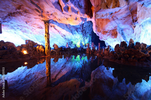 Underground lake in Reed Flute Caves in Guilin, China
