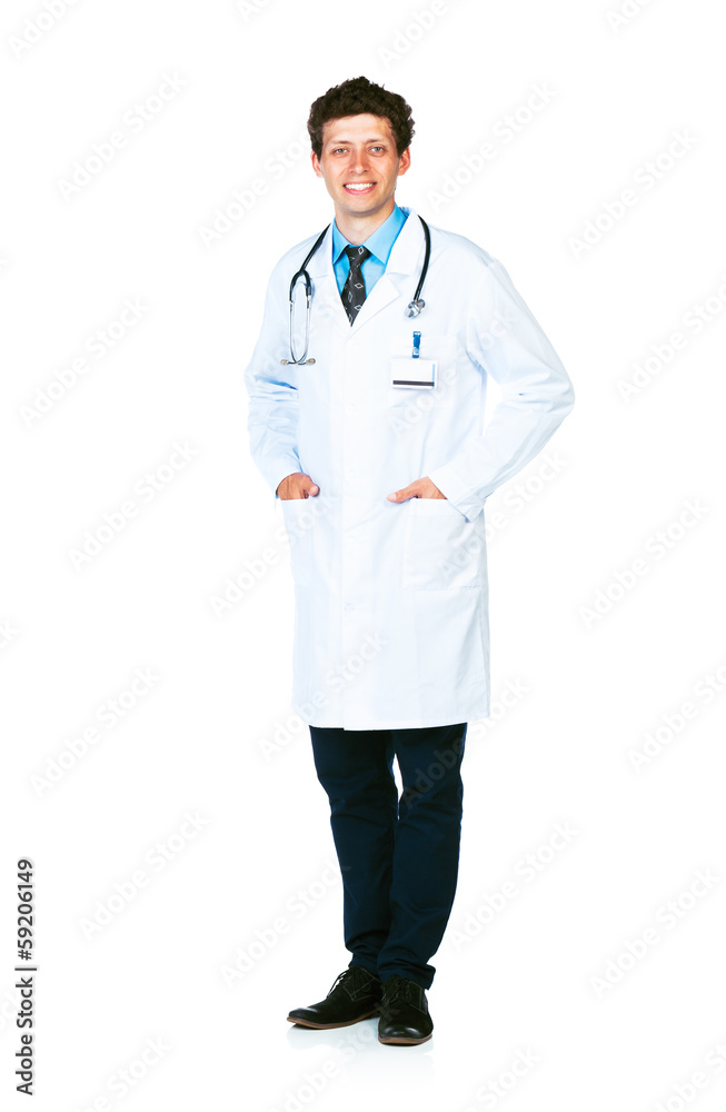 Full length portrait of the smiling doctor standing on a white Full length portrait of the smiling doctor standing on a white