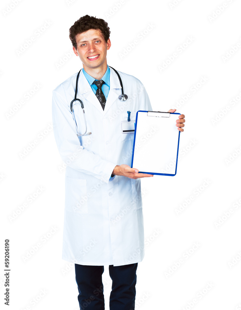 Smiling male doctor showing clipboard with copy space for text o Smiling male doctor showing clipboard with copy space for text o