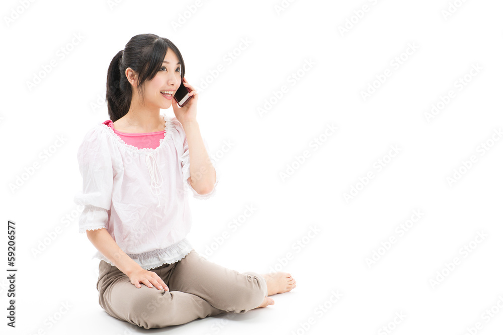 young asian woman talking on white background young asian woman talking on white background