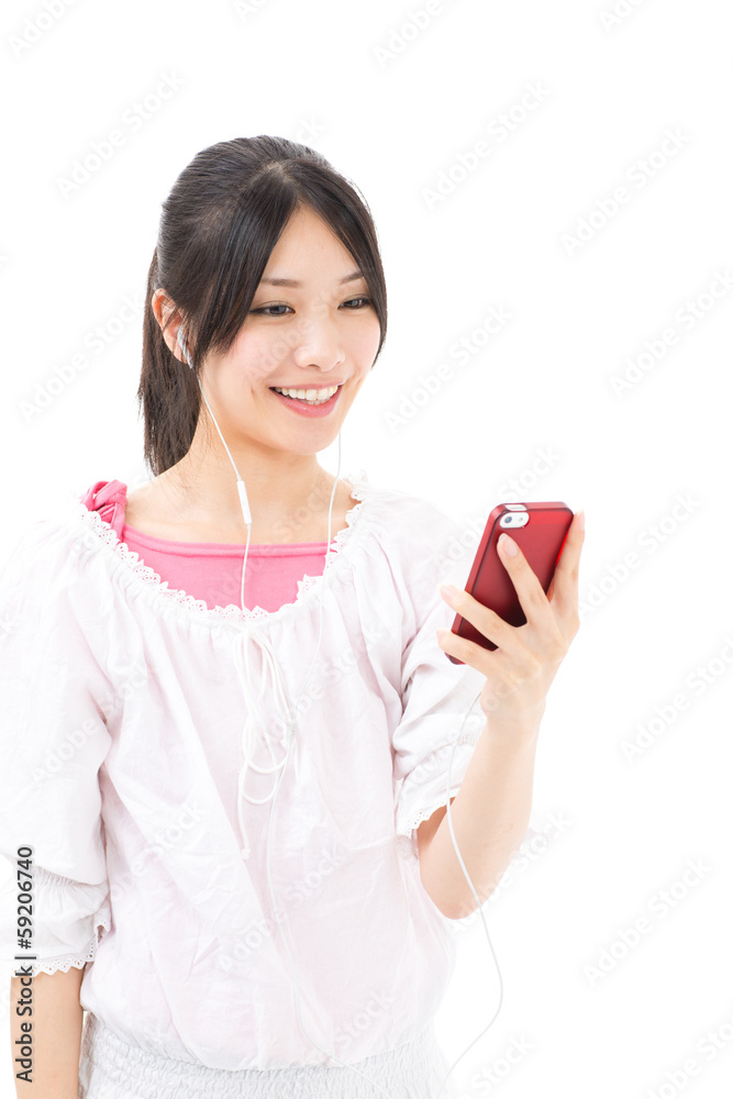 young asian woman using smart phone on white background