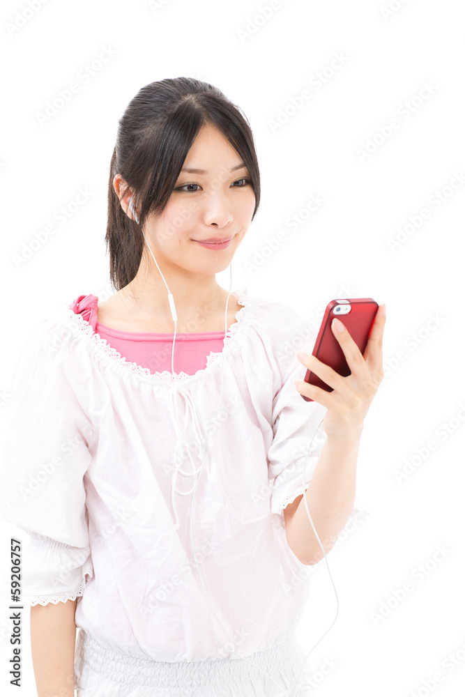 young asian woman using smart phone on white background young asian woman using smart phone on white background