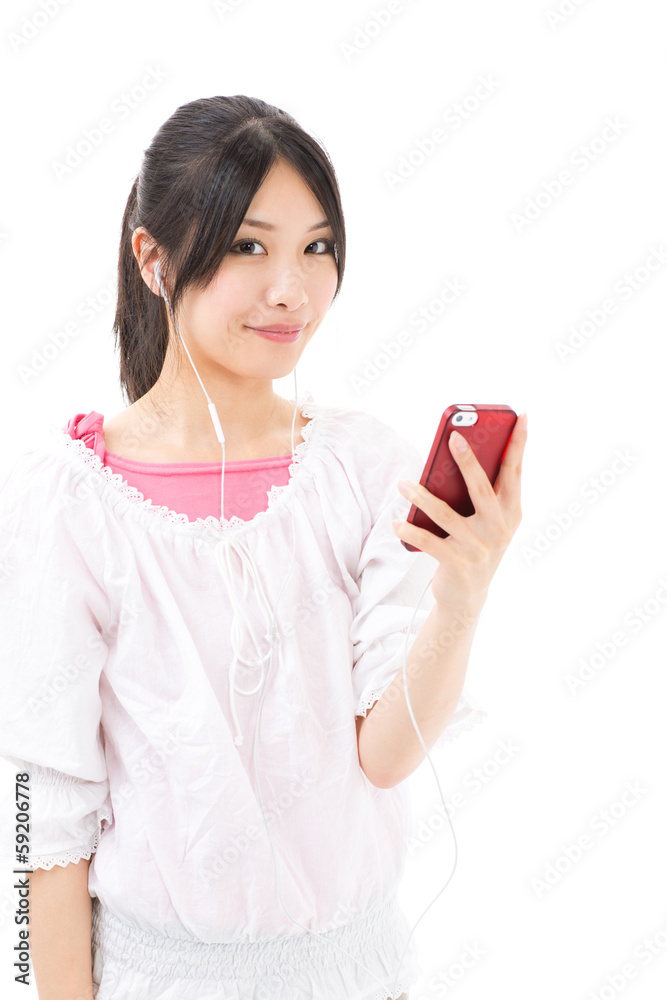 young asian woman using smart phone on white background young asian woman using smart phone on white background