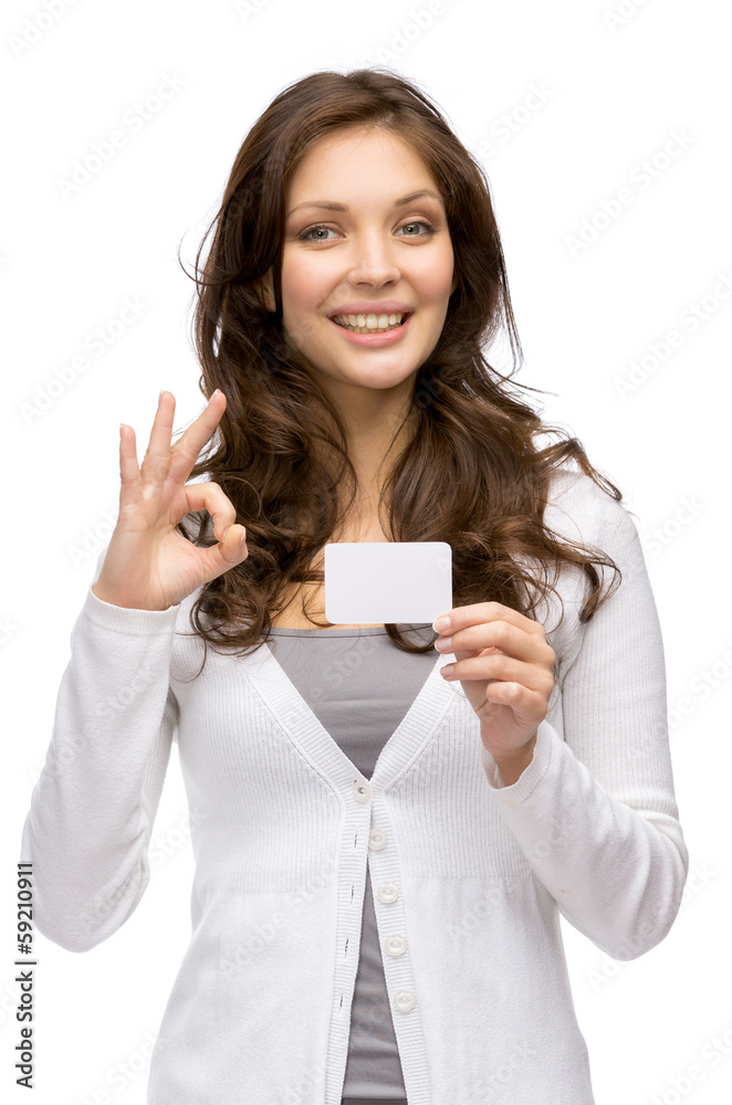 Half-length portrait of woman keeping business card Half-length portrait of woman keeping business card