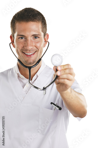Doctor man showing the stethoscope. Isolated.