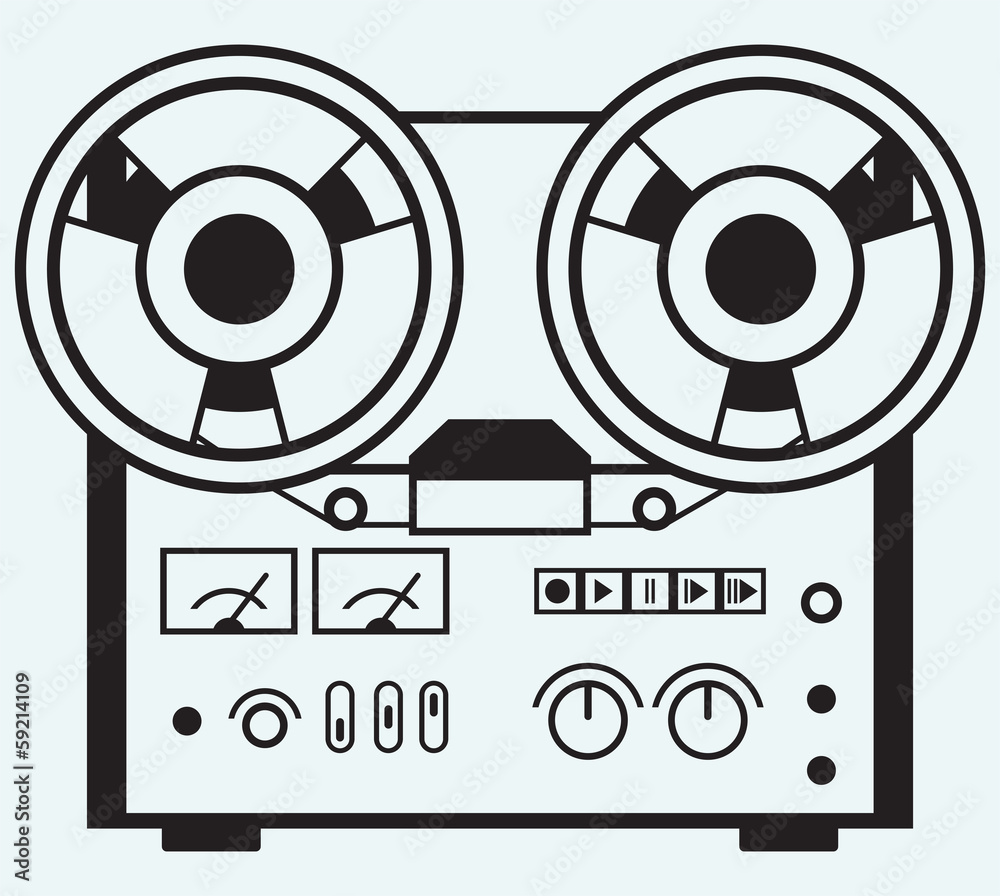 Reel tape recorder isolated on blue background