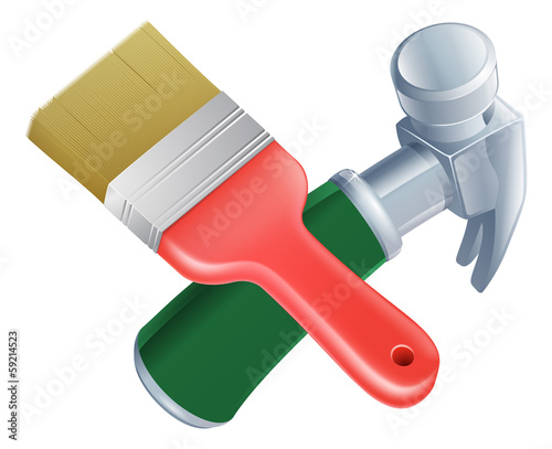 Crossed paintbrush and hammer tools