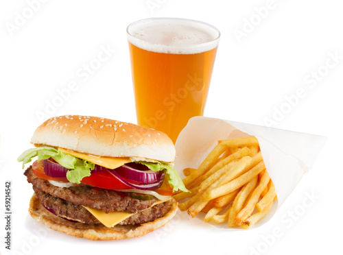 Burger with french fries and  beer