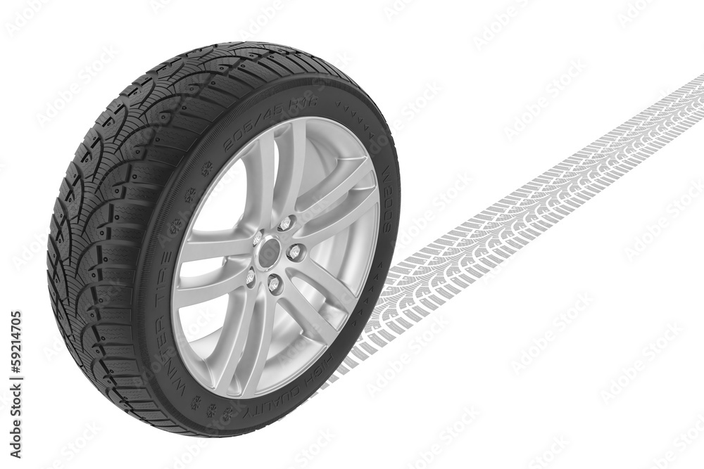 Naklejka premium Car winter wheel. Track on ground.