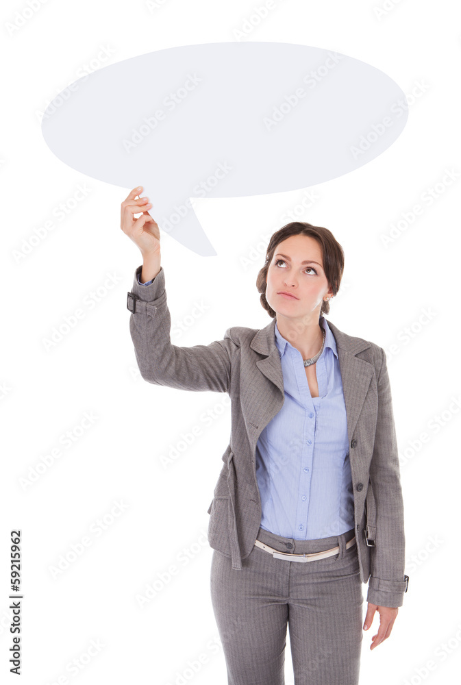 Businesswoman Looking At Speech Bubble Businesswoman Looking At Speech Bubble