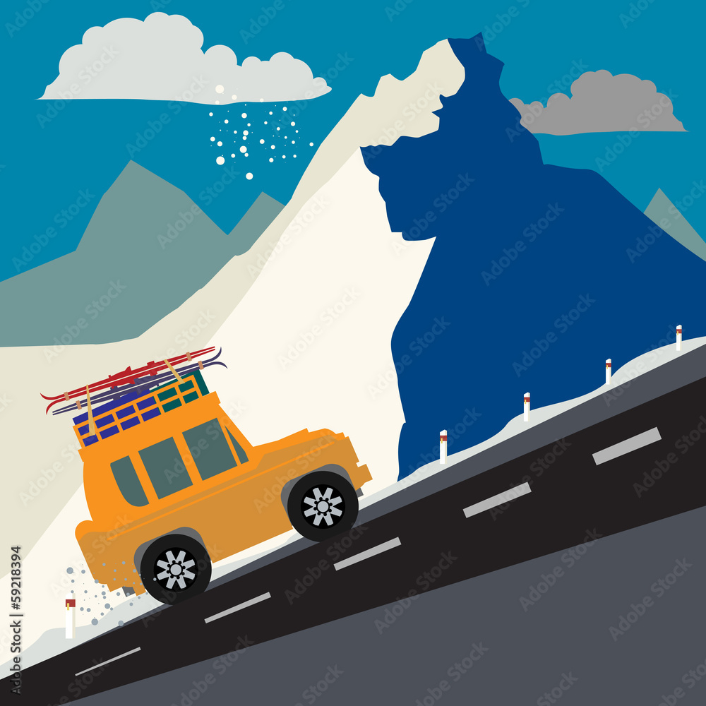 Winter mountain adventure background, vector illustration