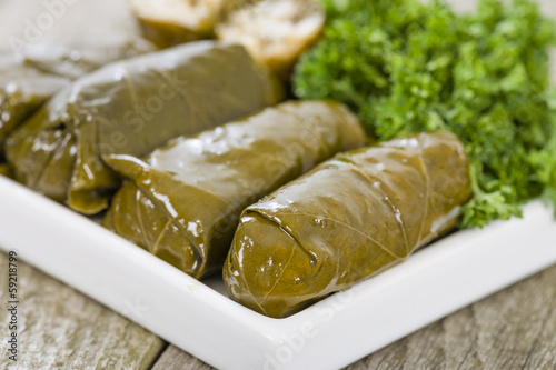 Sarma - Rice and mint wrapped in grape vine leaves.