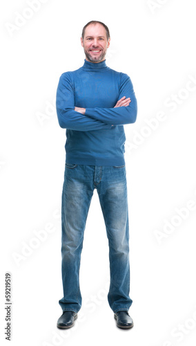 Smiling man in blue poloneck isolated on a white background