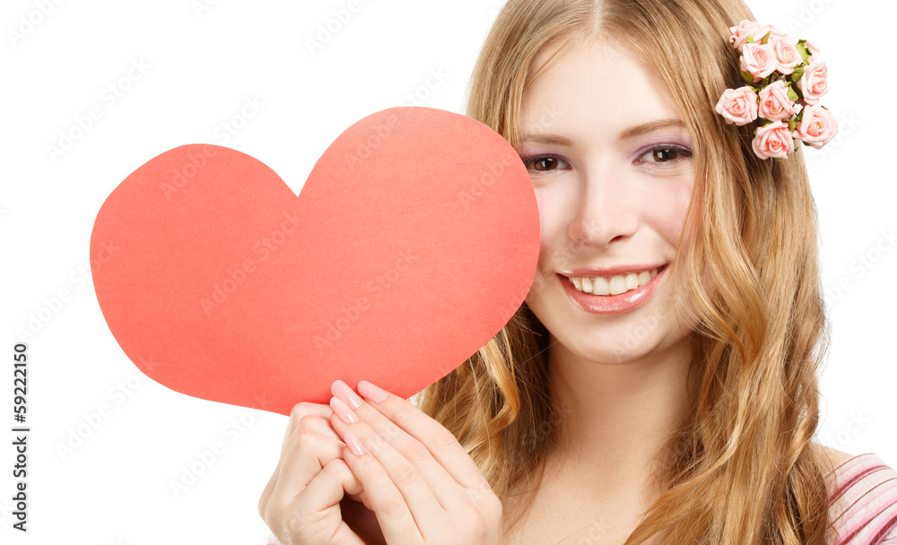 Beautiful young smiling woman with red paper valentine heart Beautiful young smiling woman with red paper valentine heart