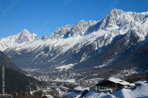 Sunlit valley of Chamonix in winter