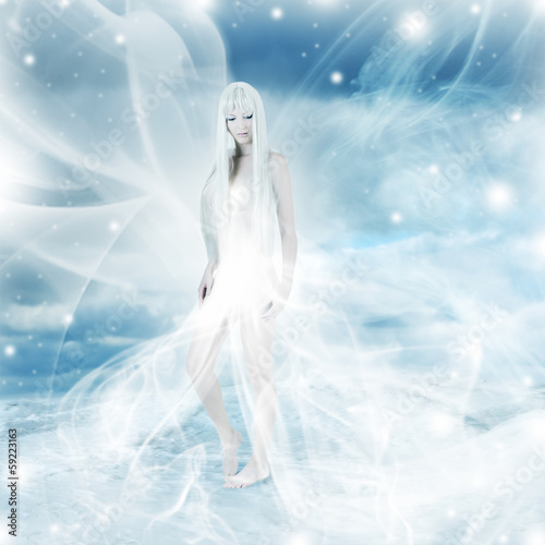 fairy woman on snow winter background