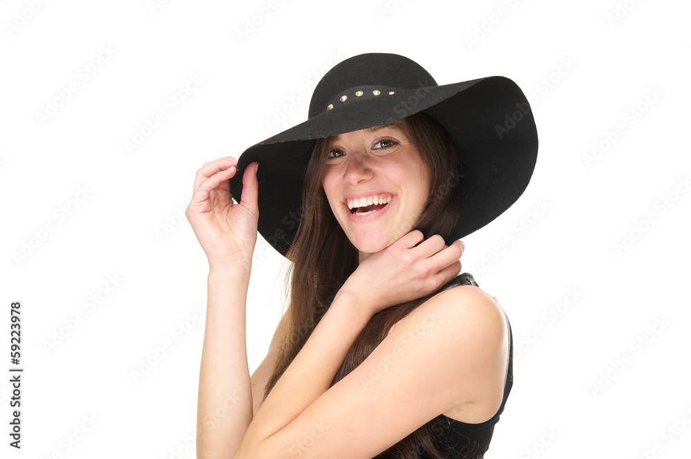 Close up portrait of a smiling woman with black hat Close up portrait of a smiling woman with black hat