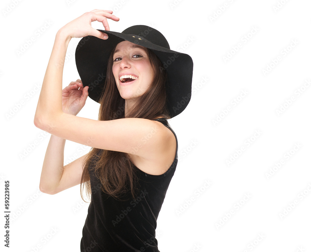 Elegant young woman smiling with black hat Elegant young woman smiling with black hat