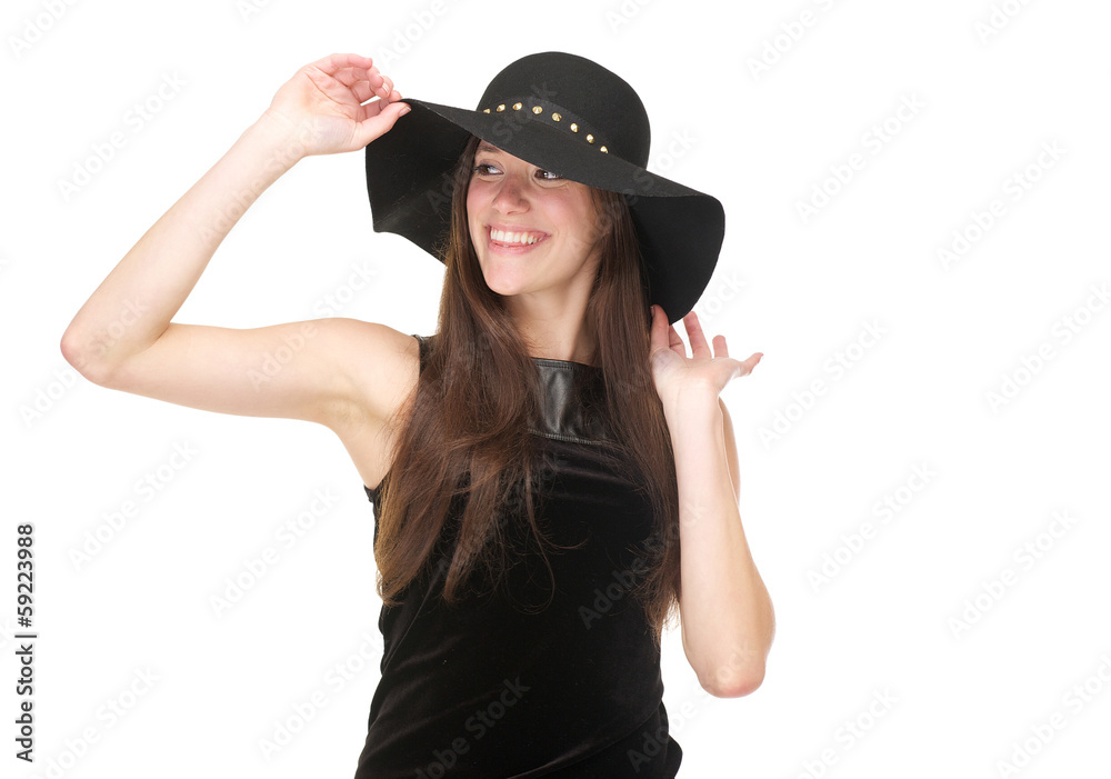 Happy young woman smiling with black hat Happy young woman smiling with black hat
