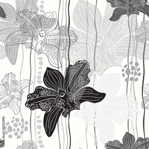 Tapety Monochromatyczny kwiecisty bezszwowy wzór z ręki rysować orchideami. Vect