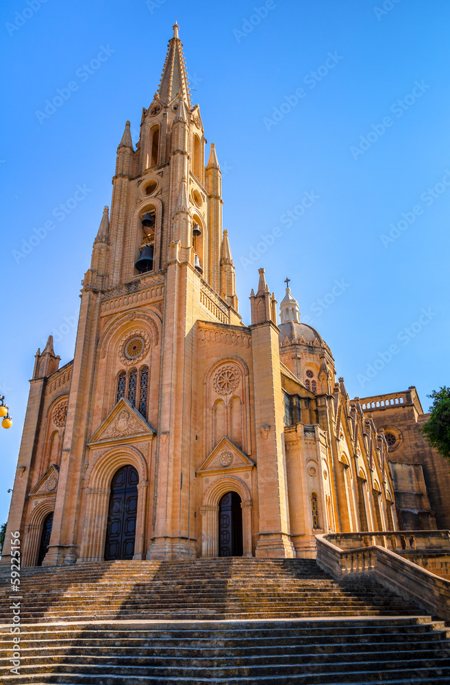 Facade of the Ghajnsielem parish church in Gozo, Malta