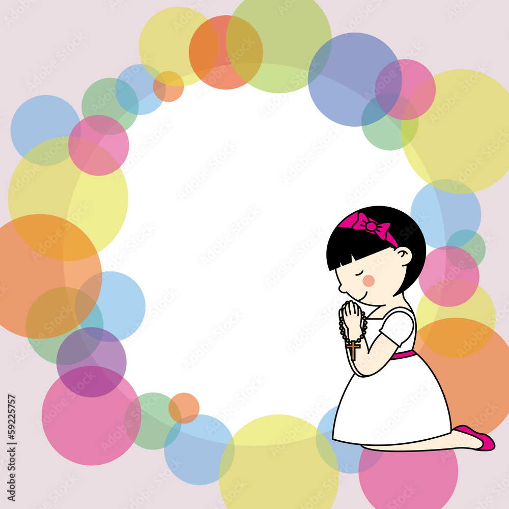 First communion card. Little girl praying First communion card. Little girl praying