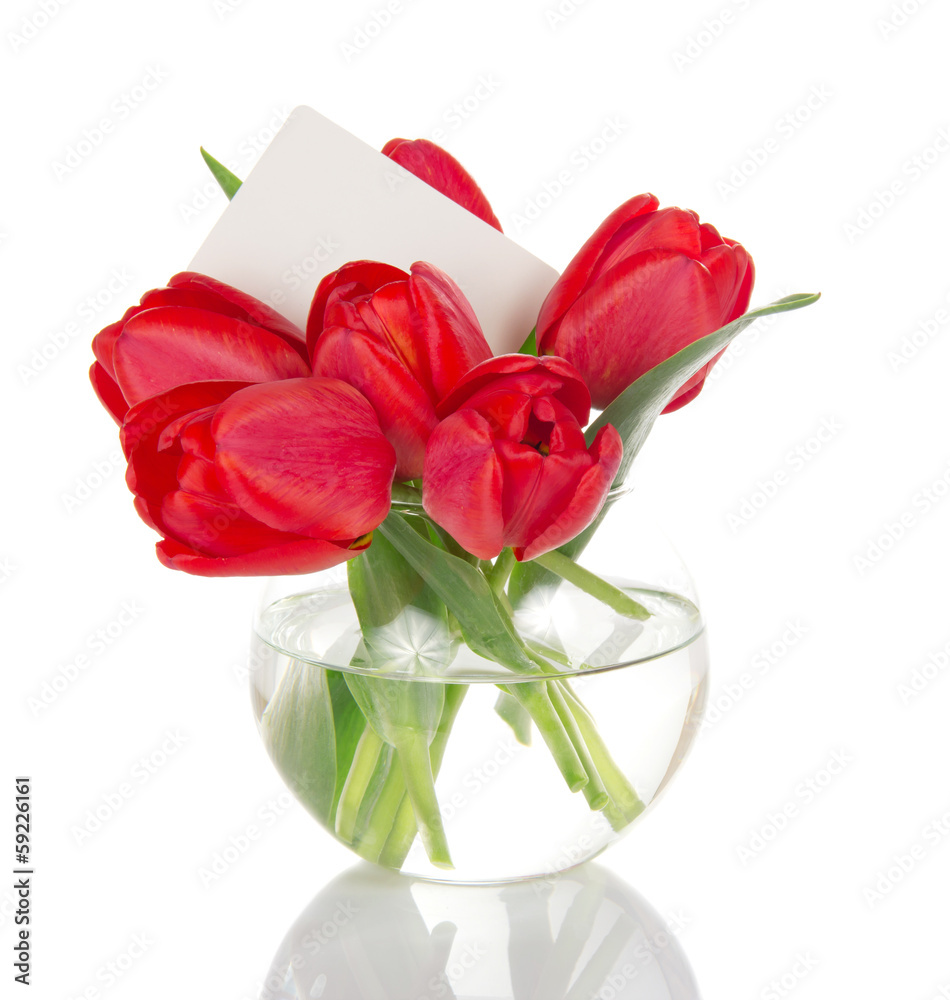 Fototapeta premium Bouquet of red tulips in round vase and empty card