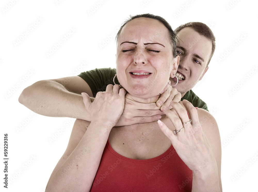 woman being strangled from behind by man on white background фотография  Stock | Adobe Stock