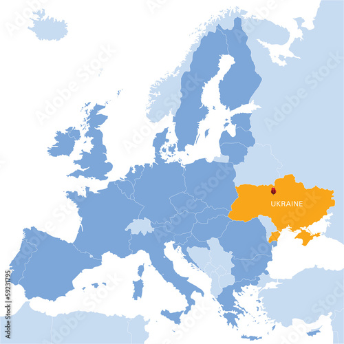 map of European Union and indication of Ukraine