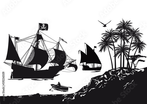 Piratenschiff mit tropischer Insel