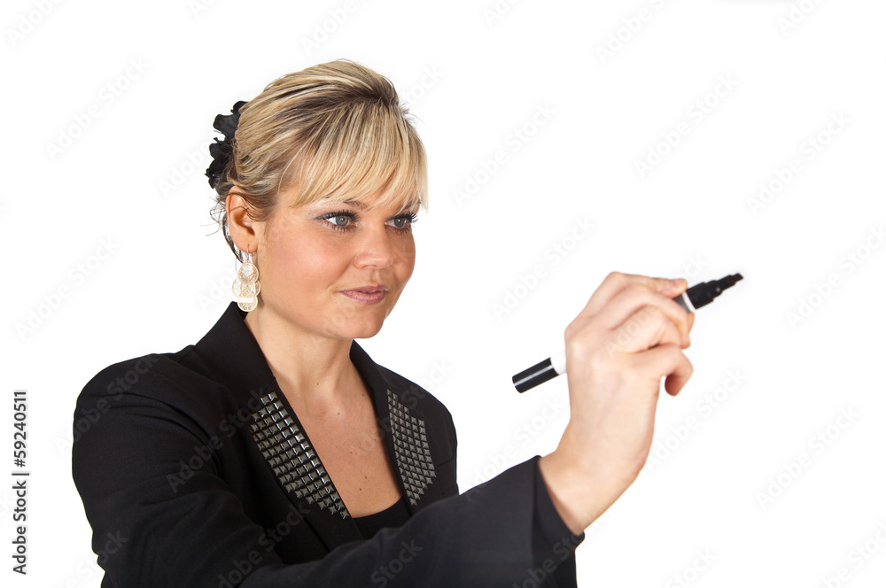 Studio portrait of a cute blond girl writing on a transparent wa Studio portrait of a cute blond girl writing on a transparent wa