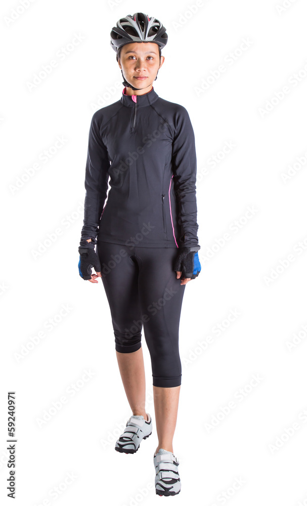 Asian Malay female with cycling attire over white background Asian Malay female with cycling attire over white background