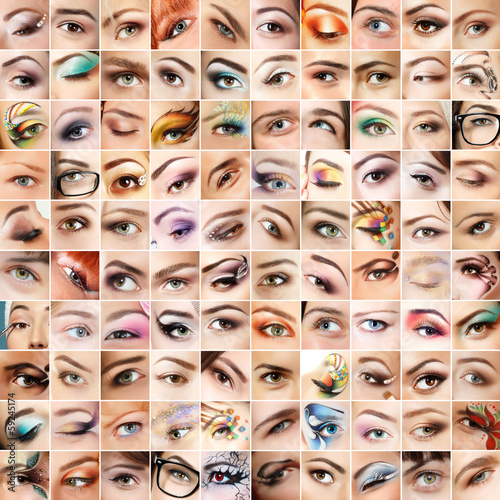 Eyes 100 set. Collage of beautiful female eyes with makeup. Isol