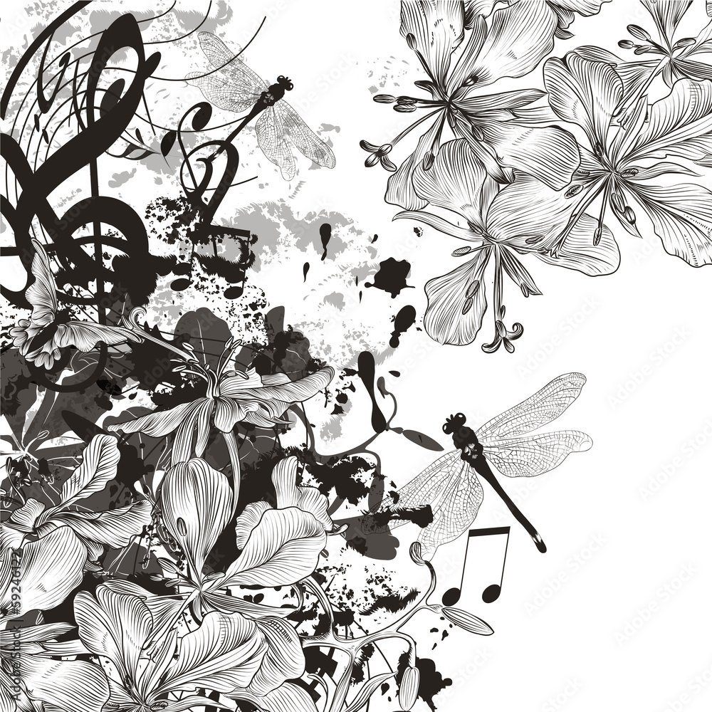 Fototapeta Creative music background with notes treble clef and flowers
