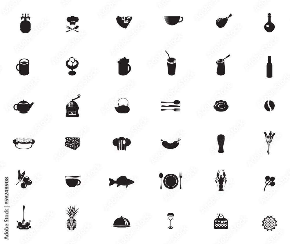 set of black and white icons on the theme of food and drinks set of black and white icons on the theme of food and drinks