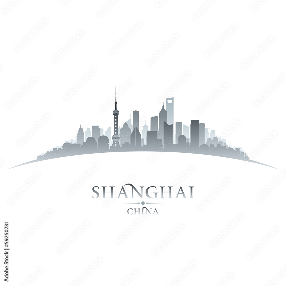 Shanghai China city skyline silhouette white background