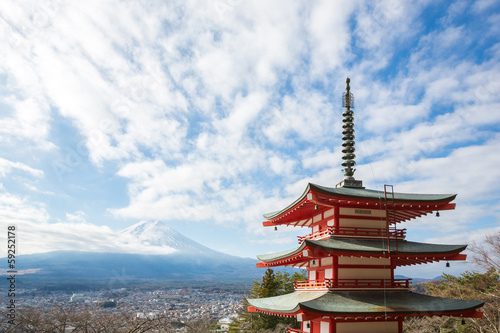 Red pagoda with Mountain Fuji Japan