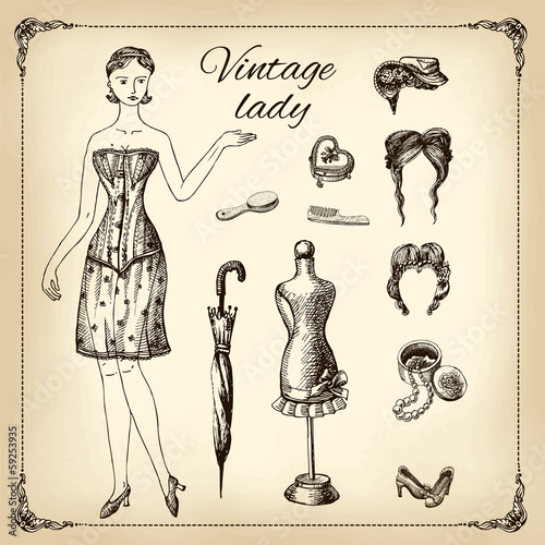 Vintage lady and her toilet articles, hand drawing, illustration