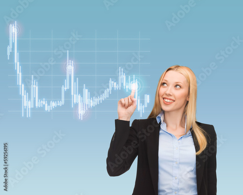 фотографія smiling businesswoman pointing to forex chart
