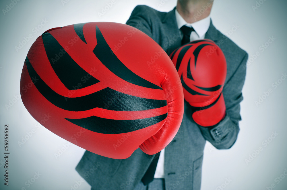 man in suit with boxing gloves - obrazy, fototapety, plakaty 