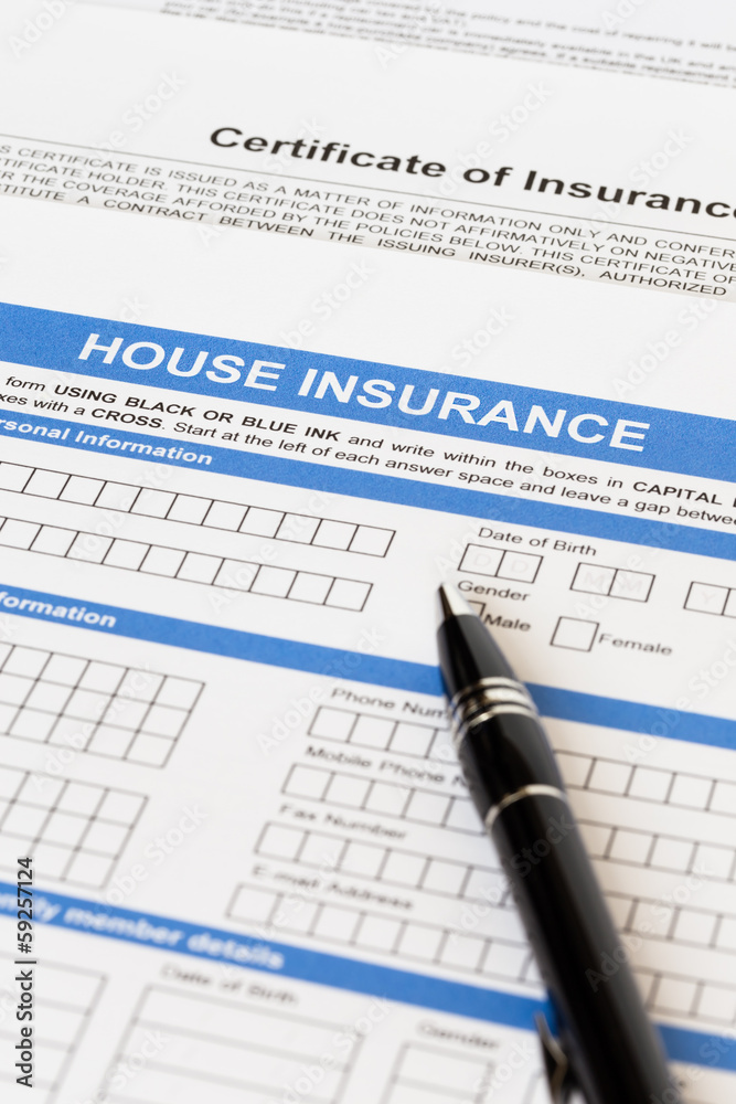 House insurance application with pen and construction plan House insurance application with pen and construction plan