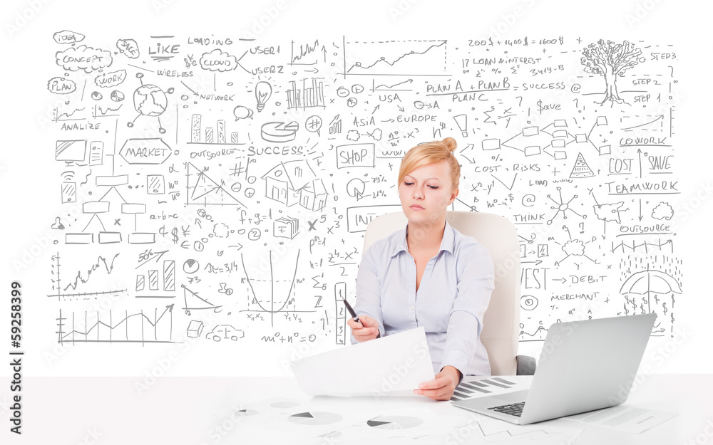 Pretty businesswoman planning and calculating various business i Pretty businesswoman planning and calculating various business i