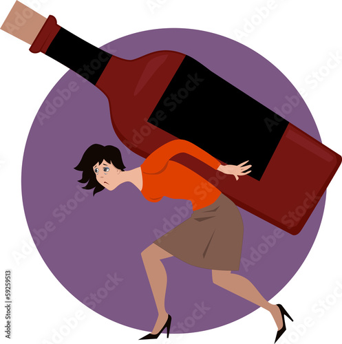 Alcoholic woman carrying a bottle of liquer